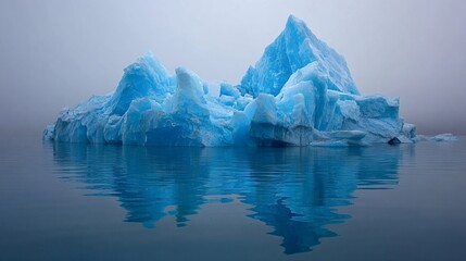 Iceberg with vivid blue ice melting and mirrored in calm, misty water, highlighting fragile polar ecosystems and the quiet threat of climate change on the arctic sea