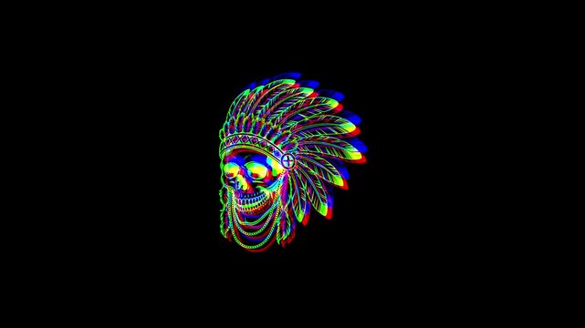 Animated Native American skull wearing a traditional feathered headdress with a vibrant digital glitch effect, chromatic aberration, and RGB shifts on a black background.