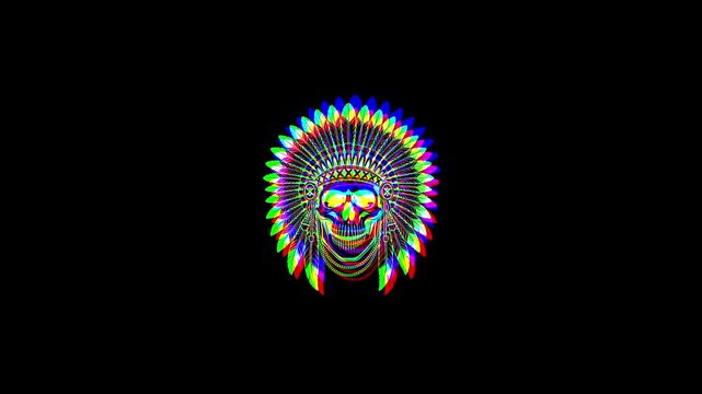 Animated Native American skull wearing a traditional feathered headdress with a vibrant digital glitch effect, chromatic aberration, and RGB shifts on a black background.