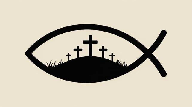 Christian fish symbol with crosses on hill silhouette representing faith and spirituality in a simple iconic design