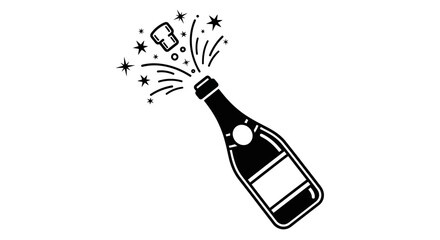 Champagne Bottle Popping Cork with Bubbles and Stars Illustration