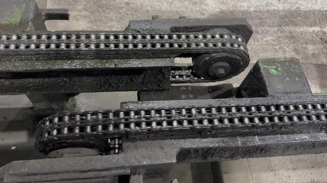 Mechanical drive system in operation, showing a dirty metal roller chain turning gears, heavy industry factory.