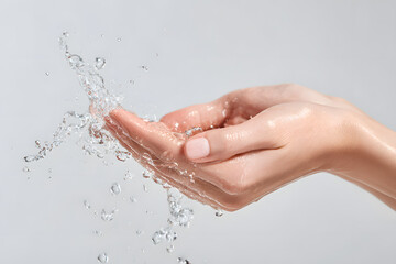 Cupped hands catching splashing fresh water
