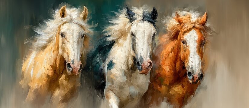 A stylized painting featuring three horses with flowing manes, painted in a palette of warm tones