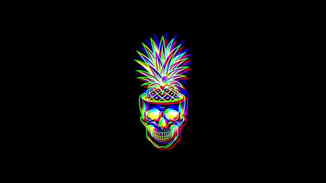 Animated pineapple skull featuring a vibrant digital glitch effect, chromatic aberration, and RGB color shifts on a solid black background.
