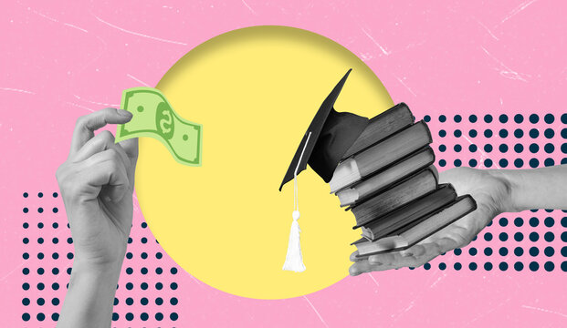 Art collage showing themes of education and finance with hands holding money and books against a colorful background