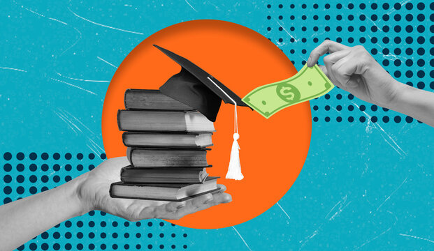 Art collage shows graduation cap, books, and money exchange representing education and funding