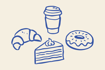 Coffee and pastry set naive outline sketch vector illustration