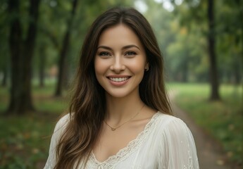 Naklejka premium beautiful young woman smiling in a park with soft natural light.