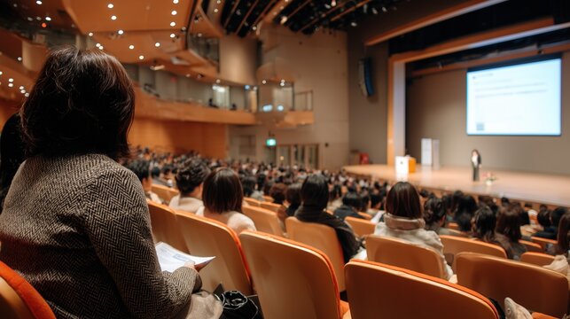 Une femme assiste &agrave; une conf&eacute;rence dans un auditorium moderne rempli