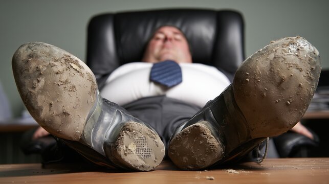 Homme d'affaires fatigu&eacute; dormant dans son fauteuil avec chaussures us&eacute;es