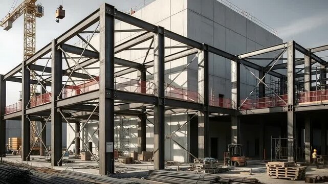 Modern Construction Site with Steel Framework and Crane