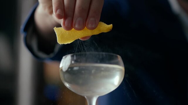 Hand squeezes lemon peel over cocktail glass. Citrus oil drops fall into drink. Close-up shot highlights aromatic action. Perfect for bar, restaurant, or beverage promotions. Calm, focused mood
