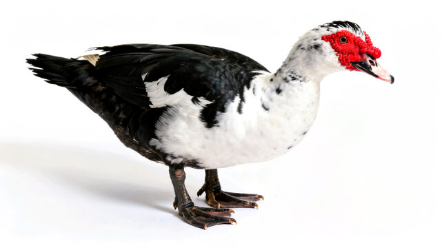 Muscovy duck standing isolated on a white background, side view of a domestic waterfowl with red facial caruncles.