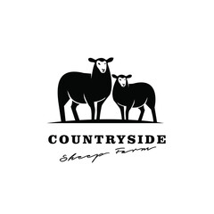 Obraz premium Countryside Sheep Farm Logo with Black Silhouette of Adult and Lamb