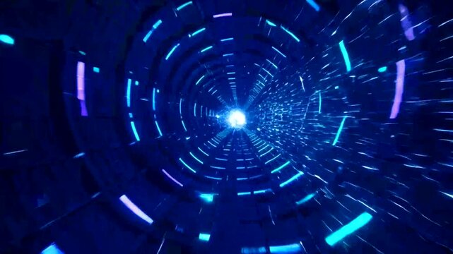 A futuristic blue-lit tunnel stretches into the distance with glowing lines.