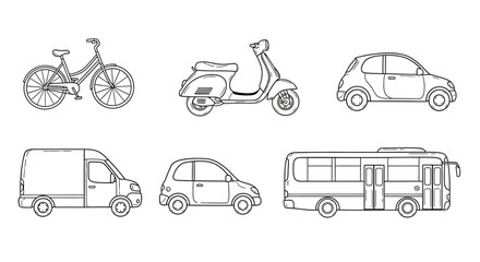 Naklejka premium Hand drawn transportation and city vehicle line art set