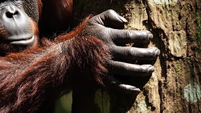 Orangutan Hand Grips Tree Trunk in Sunlight