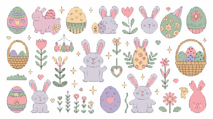 Easter bunnies eggs baskets and flowers in pastel colors on white background for spring holiday decoration
