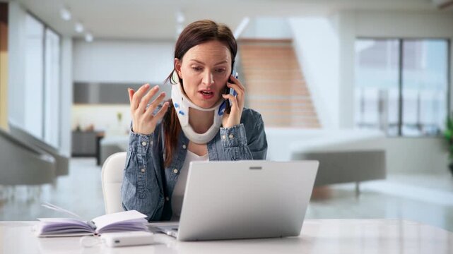 Woman With Neck Injury After Accident Using Phone