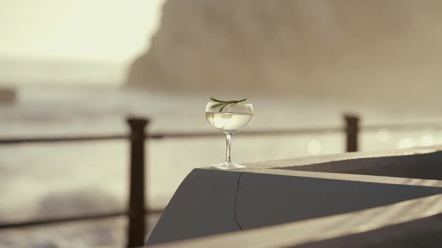 Single cocktail glass rests on a balcony railing. Ocean waves crash against rocks in the background. The scene is calm, serene, and inviting. Perfect for travel, relaxation