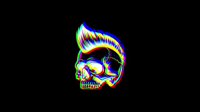 Animated profile of a punk skull with a mohawk featuring a vibrant digital glitch effect, chromatic aberration, and RGB color shifts on a solid black background.
