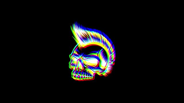 Animated profile of a punk skull with a mohawk featuring a vibrant digital glitch effect, chromatic aberration, and RGB color shifts on a solid black background.