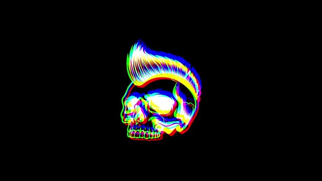 Animated profile of a punk skull with a mohawk featuring a vibrant digital glitch effect, chromatic aberration, and RGB color shifts on a solid black background.