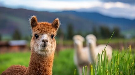 Obraz premium A young alpaca stands in a lush green field with blurred companions and a scenic mountain backdrop