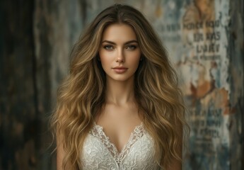 Naklejka premium beautiful woman with long wavy hair wearing lace top portrait.