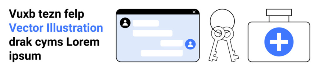 Obraz premium Digital communication, security systems, online identity, health services, key access, remote safety. A chat window, keys and a first aid box. Digital communication and security concepts
