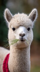 Fototapeta premium A close-up of a llama with soft fur and greenery in its mouth, set against a blurred background