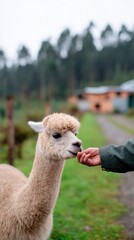 Fototapeta premium A furry llama eagerly reaching for treats from a human hand against a rural backdrop