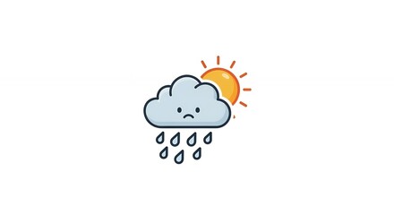 A sad cartoon cloud raining with the sun peeking out against a plain white background.