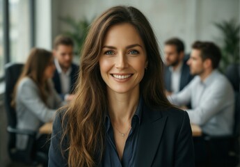Fototapeta premium confident businesswoman smiling at camera in modern office with colleagues blurred