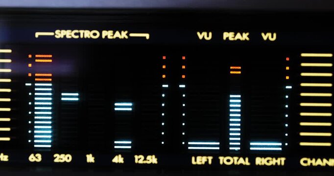 Fluctuating digital VU meters spectrum analyzer of a vintage HIFI deck. Macro close up shot, real time, no people