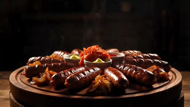 Grilled sausages on a wooden platter with dipping sauces, overhead view.