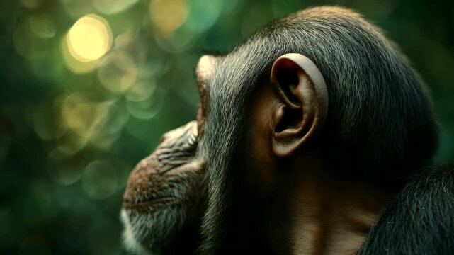 Thoughtful chimpanzee gazing into nature's beauty
