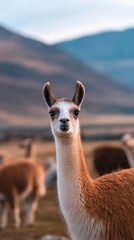 Fototapeta premium A serene close-up of a llama with soft features and a blurred herd in the background