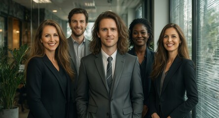 Obraz premium diverse business team smiling confidently in a modern office setting.