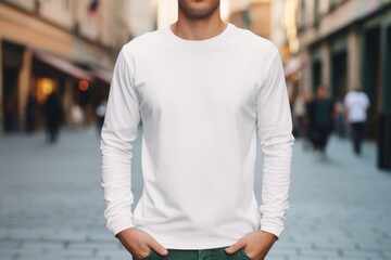 Fototapeta premium White long sleeve mockup sweatshirt outdoors t-shirt.