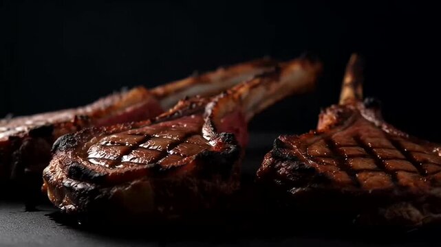 Grilled lamb chops on plate with dark background and grilled marks visible clearly