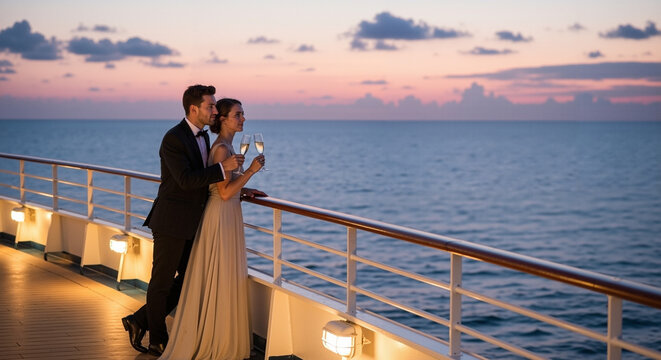 Elegant couple toasting with champagne on cruise ship at sunset  