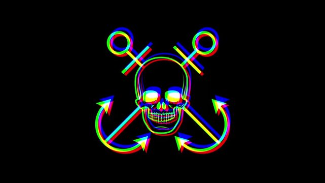 Animated nautical skull with crossed anchors featuring a vibrant digital glitch effect, chromatic aberration, and RGB color shifts on a solid black background.
