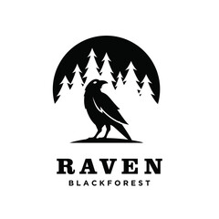 Fototapeta premium Raven Bird Silhouette Logo with Pine Trees and Crescent Moon, Black Forest Minimalist Design