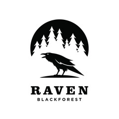 Fototapeta premium Black Raven Bird Cawing Silhouette in Evergreen Forest and Moon Logo Design