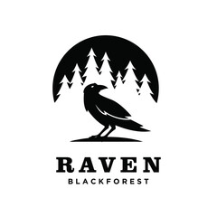 Fototapeta premium Raven Blackforest Logo with Pine Trees Silhouette and Stylized Moon or Sun Design