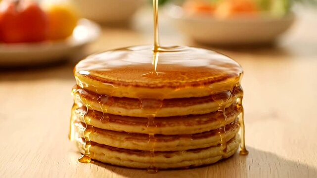 Syrup drips onto stacked pancakes on a table with fruit.