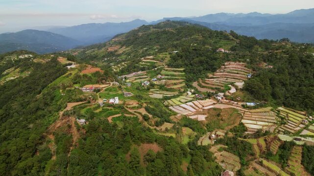 Mountainous Landscape With Farms And Village In La Trinidad, Benguet, Philippines - Aerial Drone Shot