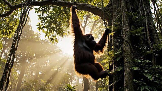 Orangutan hangs from vine in sun-drenched rainforest